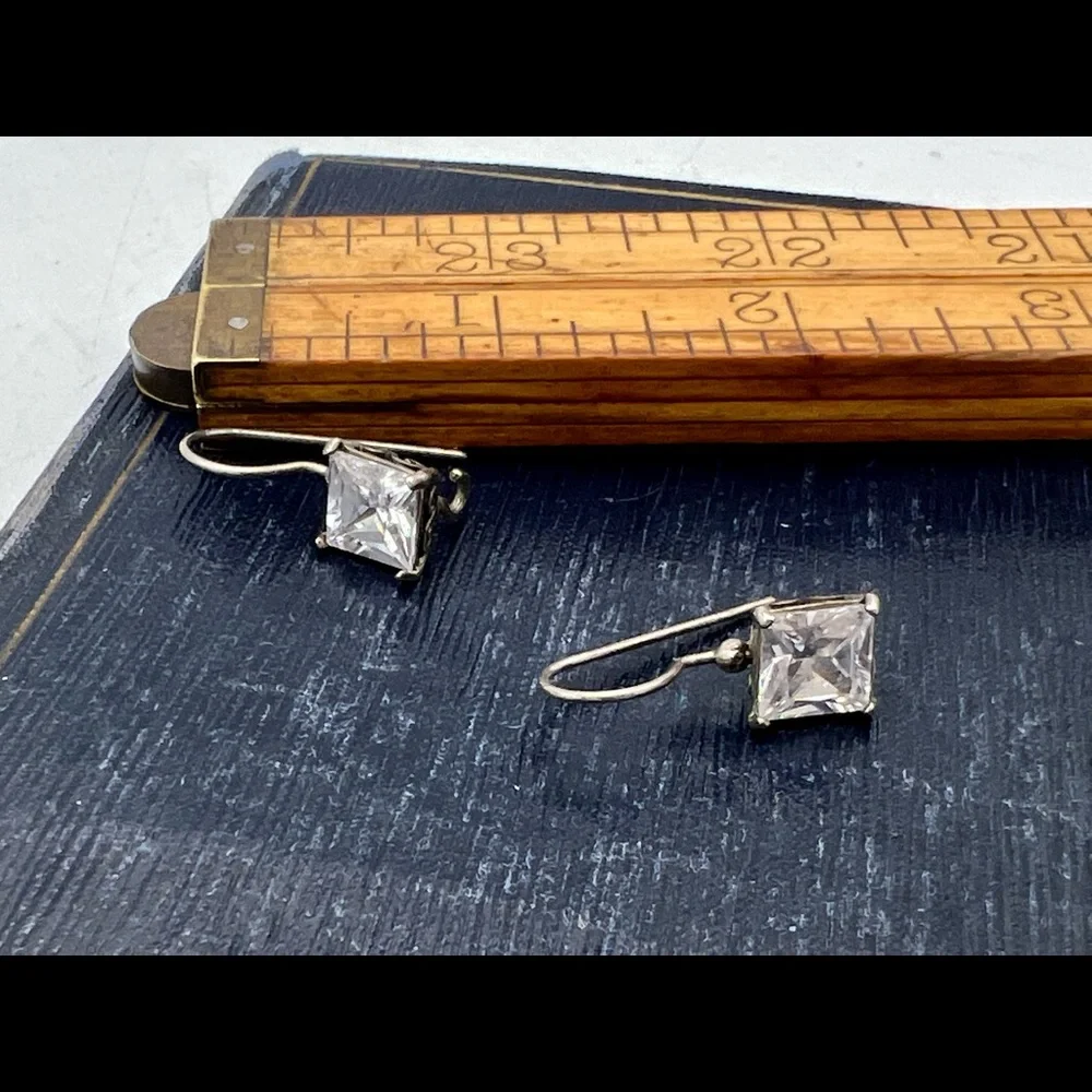Simple artisan 925 silver shepherds hook rectangular clear rhinestone earrings